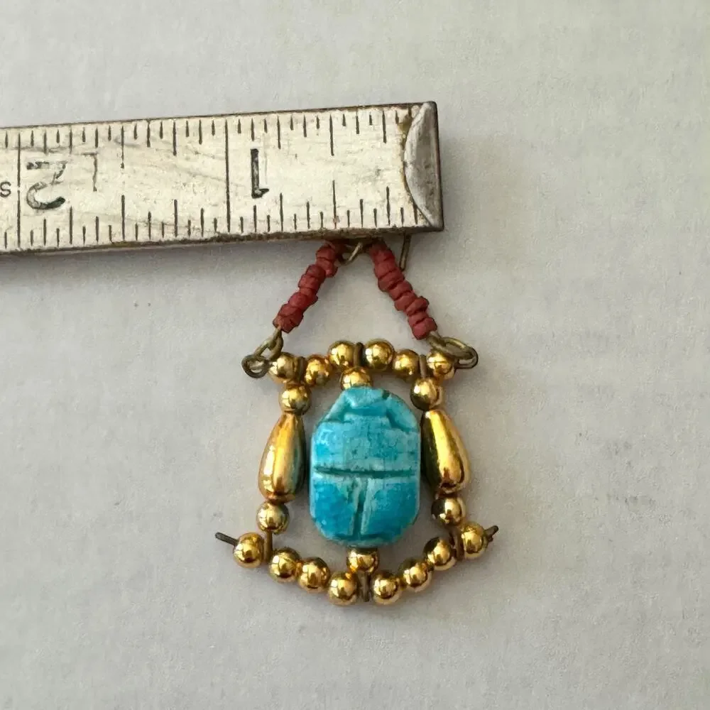 Vintage Multi-Strand Turquoise & Gold Tone Bead Necklace Hanging Scarab Earrings